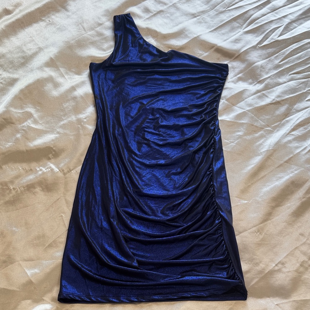 Metallic Blue Dress Y2K 2000s Futuristic Chic Going Out Cocktail Party Mob Wife